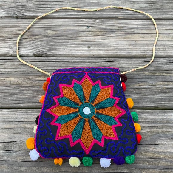 Girl Cross Body Bag Multi Color Embroidery Pom Pom - Picture 5 of 10